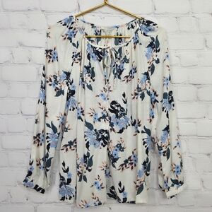 Lucky Brand Floral Print Women's Top - White and Blue Long Sleeve